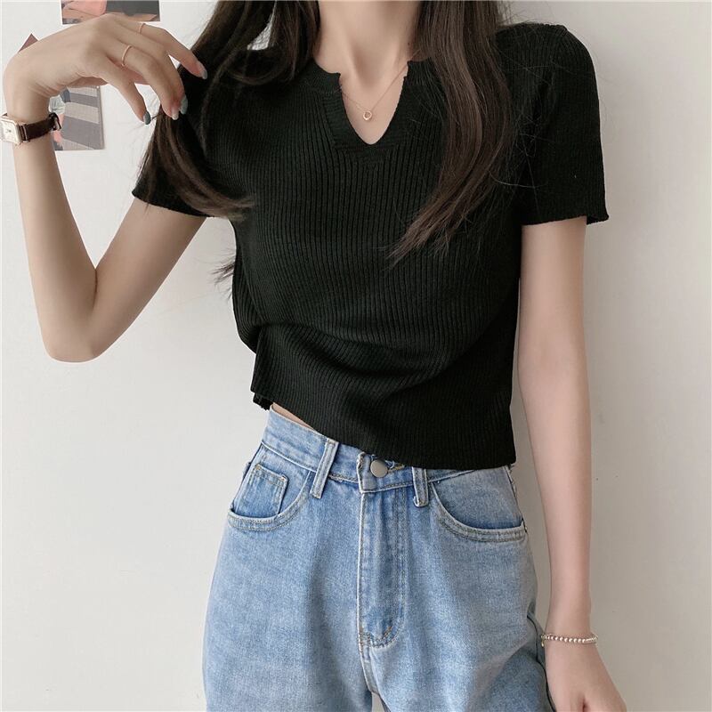 ショートTシャツ サマースタイルスリムブラックセーター トップス 夏物 クレセントシティ63788841469