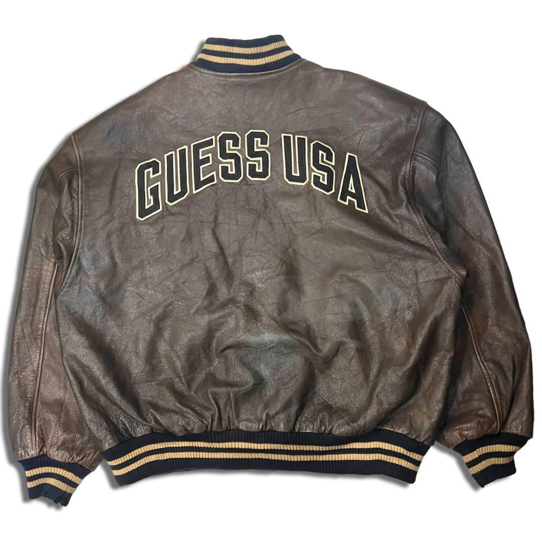 90s ゲス オールレザースタジャン XL ダークブラウン GUESS 革ジャン