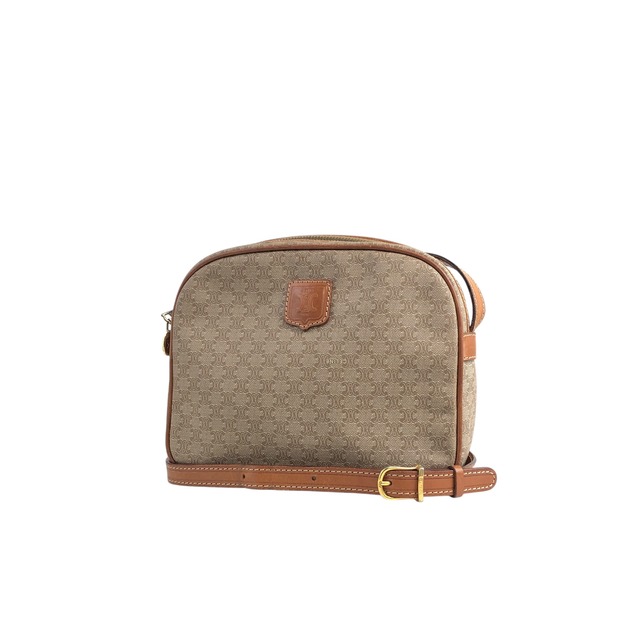 CELINE セリーヌ マカダム ショルダーバッグ ベージュ ブラゾン型押し PVC レザー ミニバッグ vintage ヴィンテージ オールド 7jwrwx