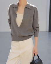 Open Collar Long Sleeve Knit Polo Shirt    L0041