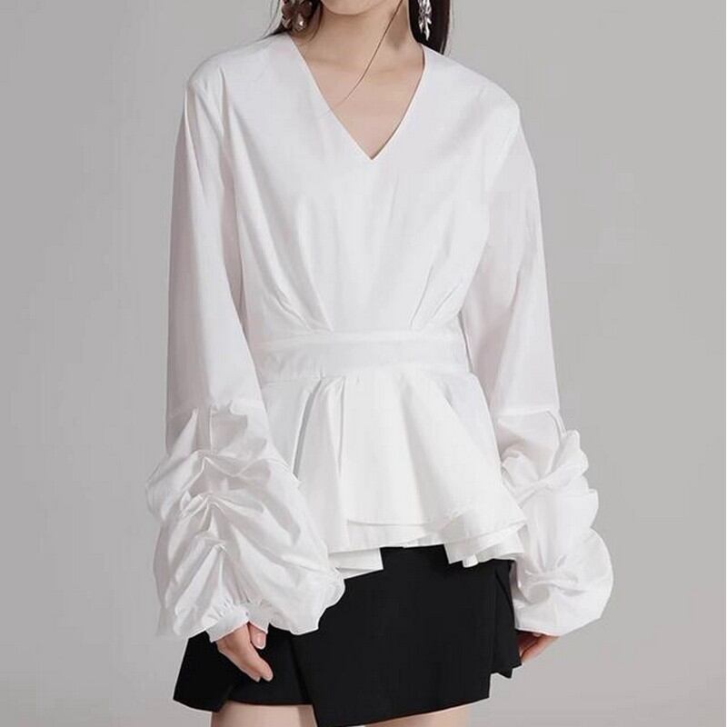 Vネックスリムプリーツシャツ A0270