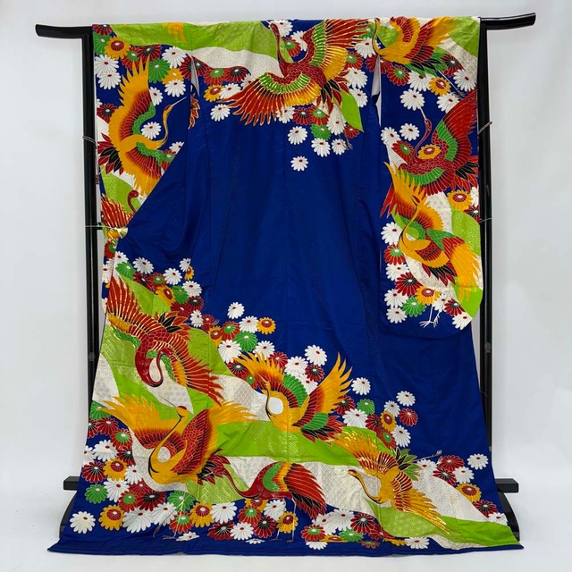 本振袖 引き振袖 ポリエステル 青 花柄 古典 刺繍 結婚式 裄64.5cm 身丈180cm Bランク 花嫁衣装 Mサイズ 4942