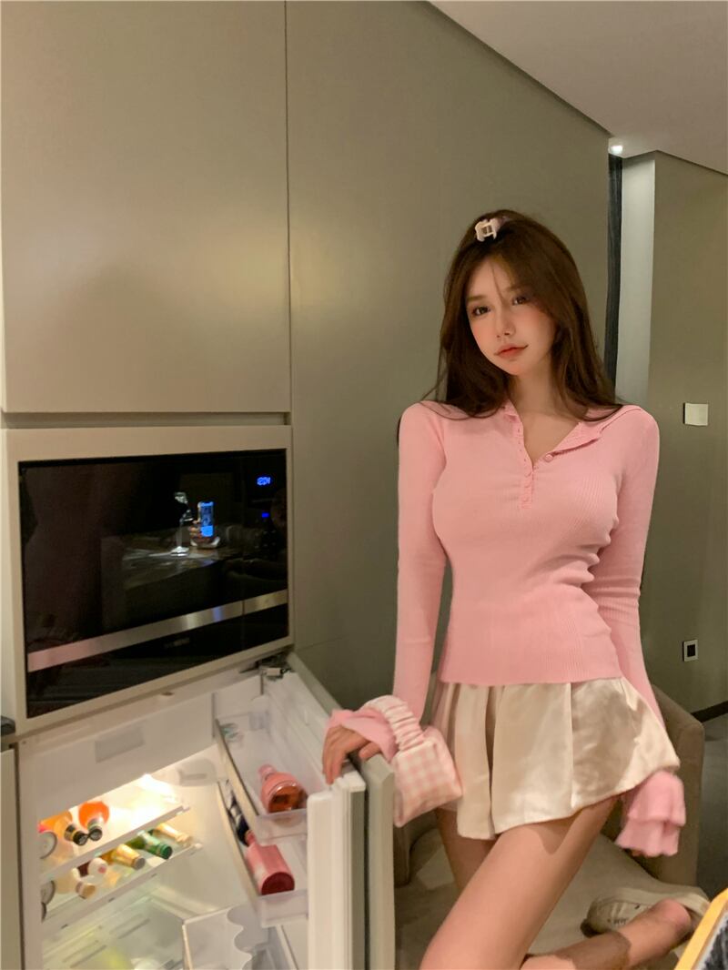 スリーブTシャツ スプリングサマーニットブラウス ロング ピンク 春物 夏物 ブラックストロベリース7770428