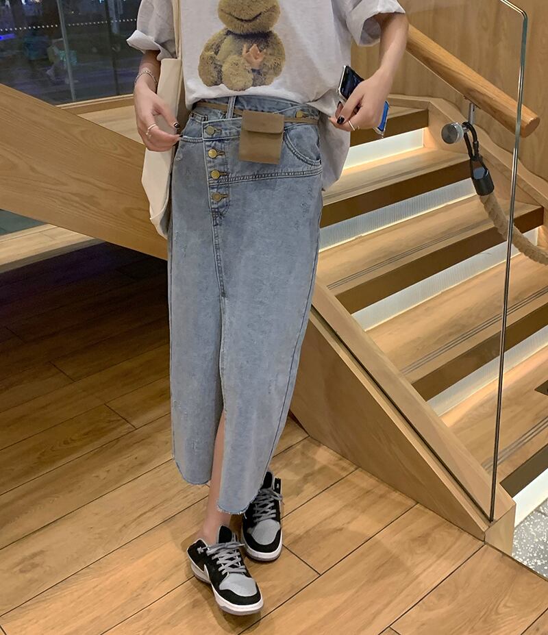 サマーバックルハイウェストウェスト薄手スリット 夏物 スカート モンロー2696303708