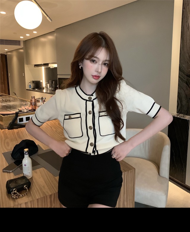 ニットカーディガンサマー薄手ショート半袖スリーブトップス ハーフスリーブ 夏物 ブラックストロベリース79057882929