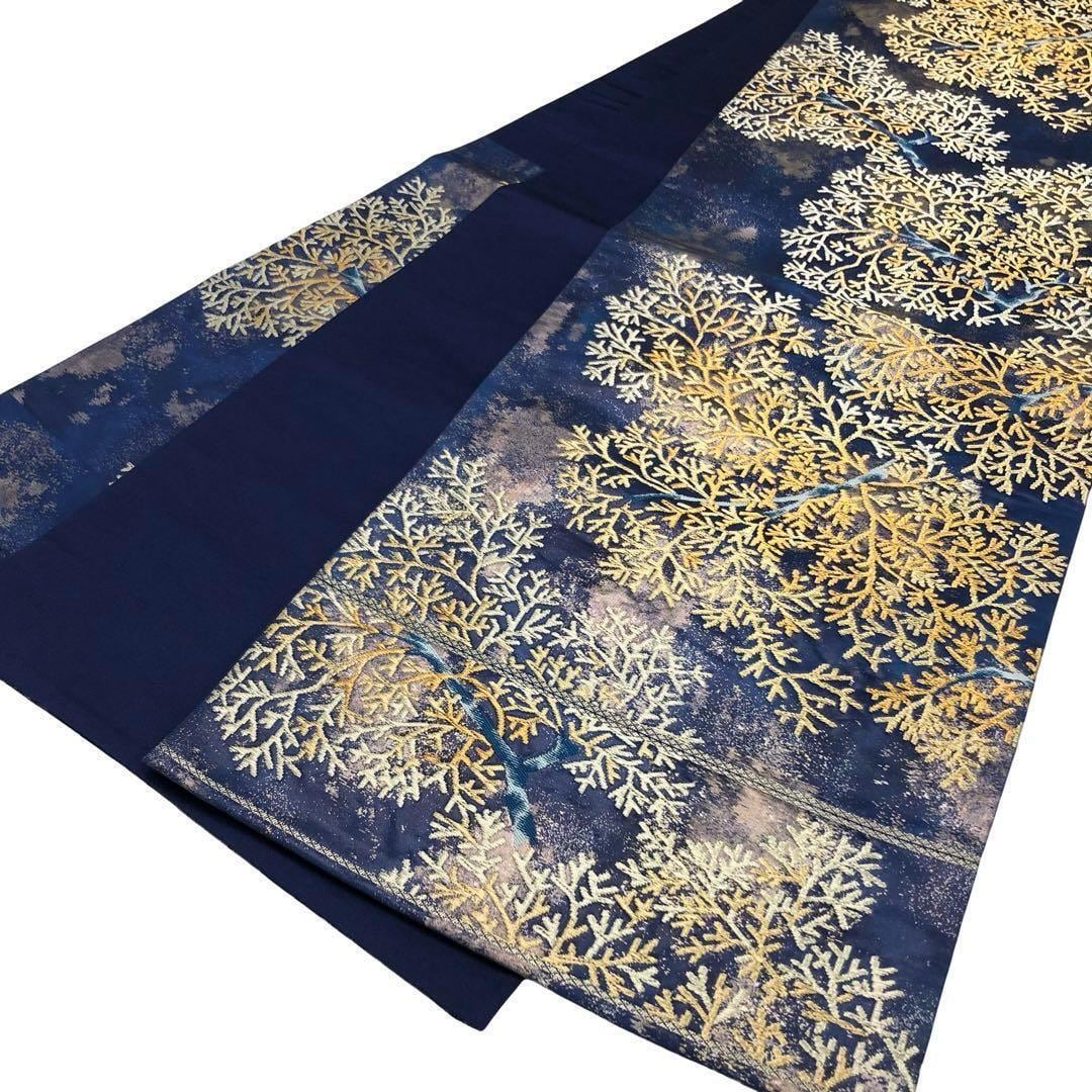 袋帯 美しい枝木模様 暈し 金糸 韓藍色 O-4667