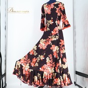 【フラメンコ衣装】ブラウン Naomi Collection ナオミコレクション ワンピース ドレス 茶 花柄 ボランテ フリル レース ダンス ラメ ステージ