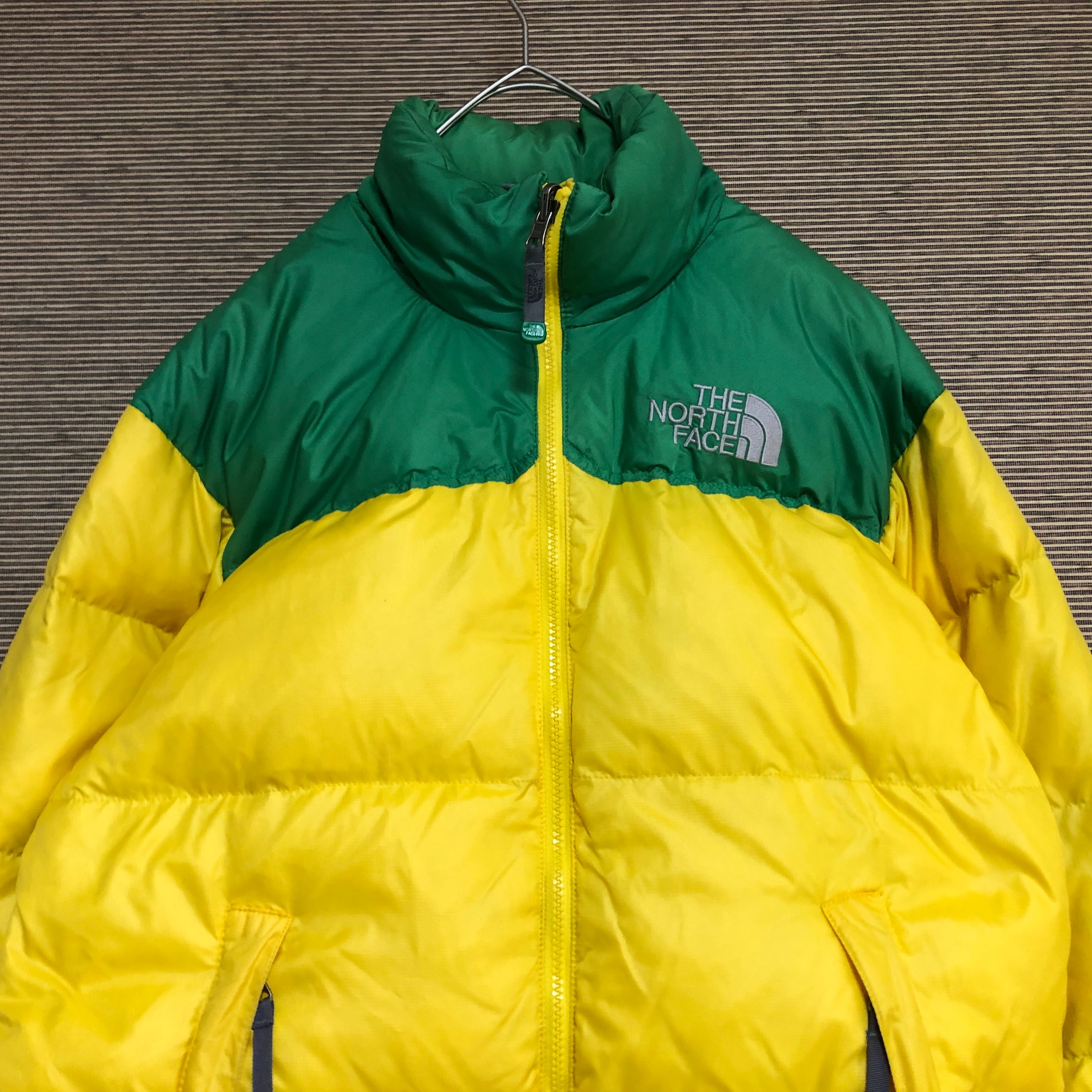 ノースフェイス　ダウンジャケット　ヌプシ　700　黄色緑　ワンポイントK7　古着　バイカラー　ツートン　イエローグリーン　希少カラー　人気