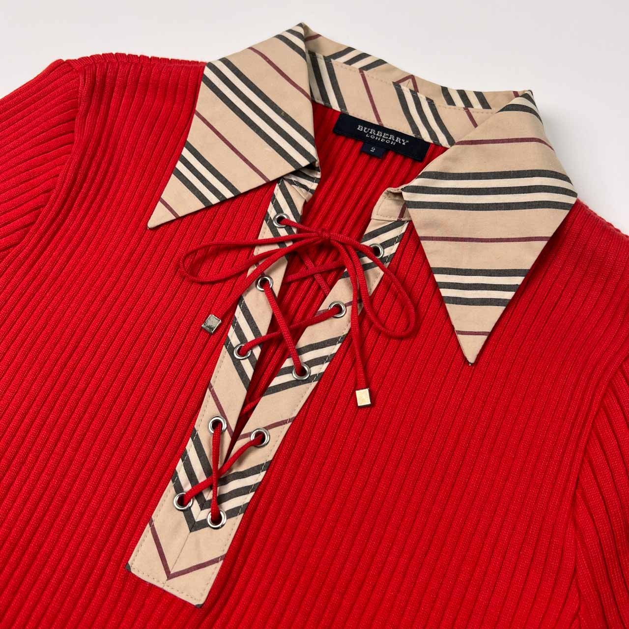 美品 BURBERRY LONDON バーバリー ロンドン レースアップ 編み上げ 半袖 コットン ニット カットソー シャツ 2/レッド系/三陽商会