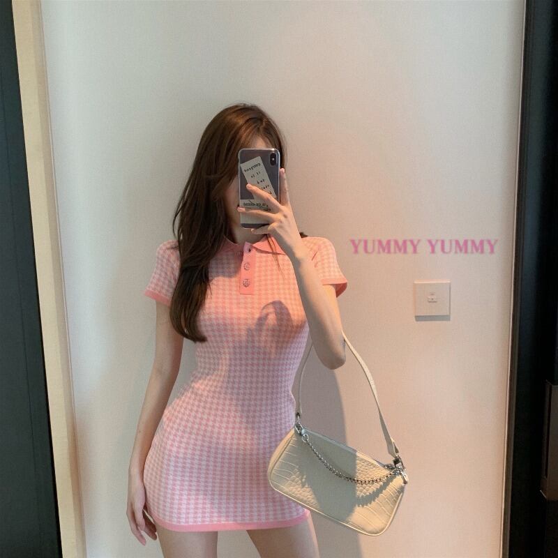 チェック柄ニット黒ドレス女性夏ハイウエストセクシー気質パッケージヒップスカート2020新しいスリムショートスカート ブラックストロベリース95495940446