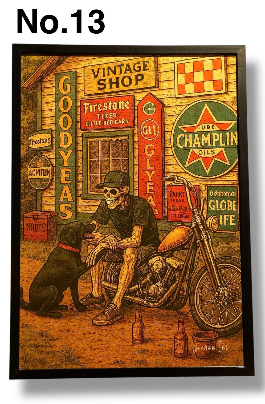 スカル×チョッパーアート A3サイズ フレームアート バイカー ガレージ