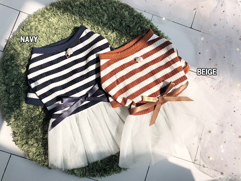 【SALE】ボーダーリボンチュールワンピース XS ~ XL 2color / 犬服 犬の服 犬 ドッグウェア 小型犬 中型犬 ペット洋服