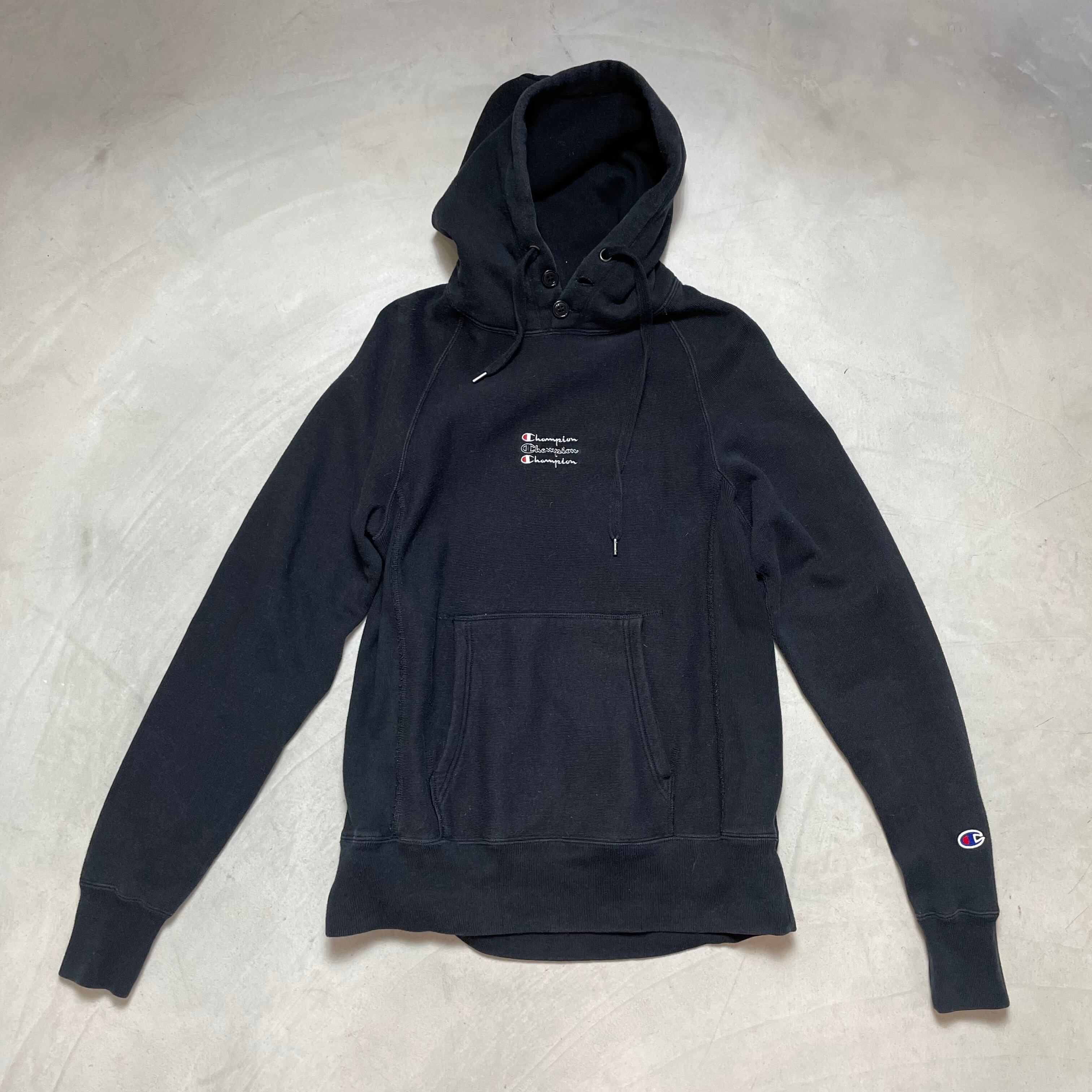 Champion チャンピオン リバースウィーブ ロゴ刺繍 プルオーバー パーカー メンズ S 古着 ブラック 黒色【パーカー・スウェット】