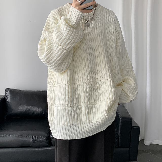 【予約販売】ニット 無地 シンプル オーバーサイズ メンズ グレー ホワイト ブラック セーター こなれ感 お洒落 韓国 トレンド 秋冬 M/L/XL/2XL/3XL/4XL/5XL