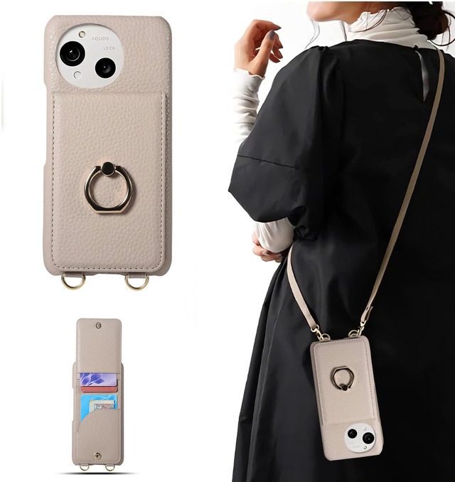 for aquos r10 ケース ストラップ付き スマホケース ショルダー 背面 カード収納 pu レザー リング付 アクオスr10 用 カバー 携帯 落下防止 肩掛け 斜め掛 首掛け スタンド機能 (モカブラウン, aquos r10)