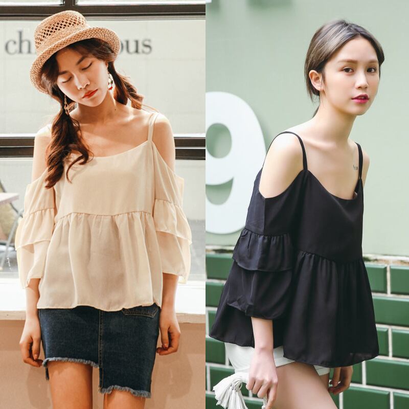 袖フリル オフショルダー カットソー