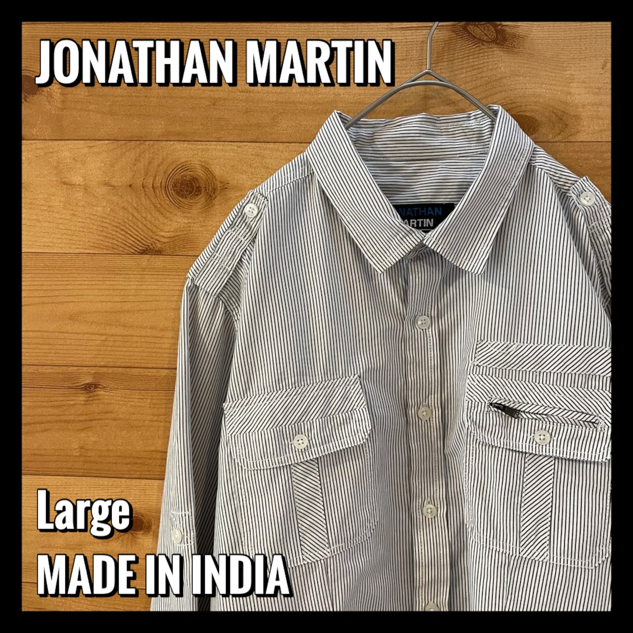 【JONATHAN MARTIN】ストライプ 長袖シャツ ロールアップシャツ チャックポケット Lサイズ US古着 アメリカ古着