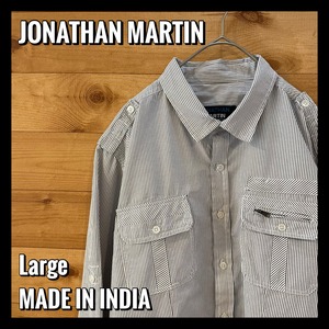 【JONATHAN MARTIN】ストライプ 長袖シャツ ロールアップシャツ チャックポケット Lサイズ US古着 アメリカ古着