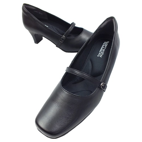 パンプス 本革 甲ストラップ 3E 5.0cmヒール スクエアトゥ フォーマル AQUA LADY