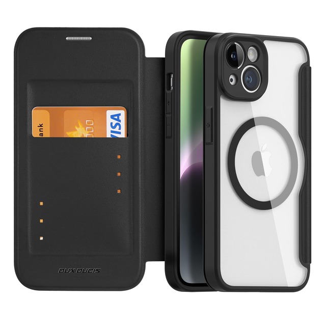 NODALA iPhone 14/iPhone 13 用 ケース 手帳型 MagSafe対応 カード収納 背面クリア ブラック