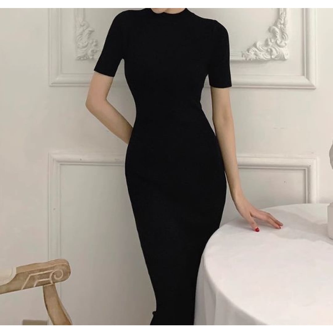 High-neck short-sleeve tight dress(2color ) V2119