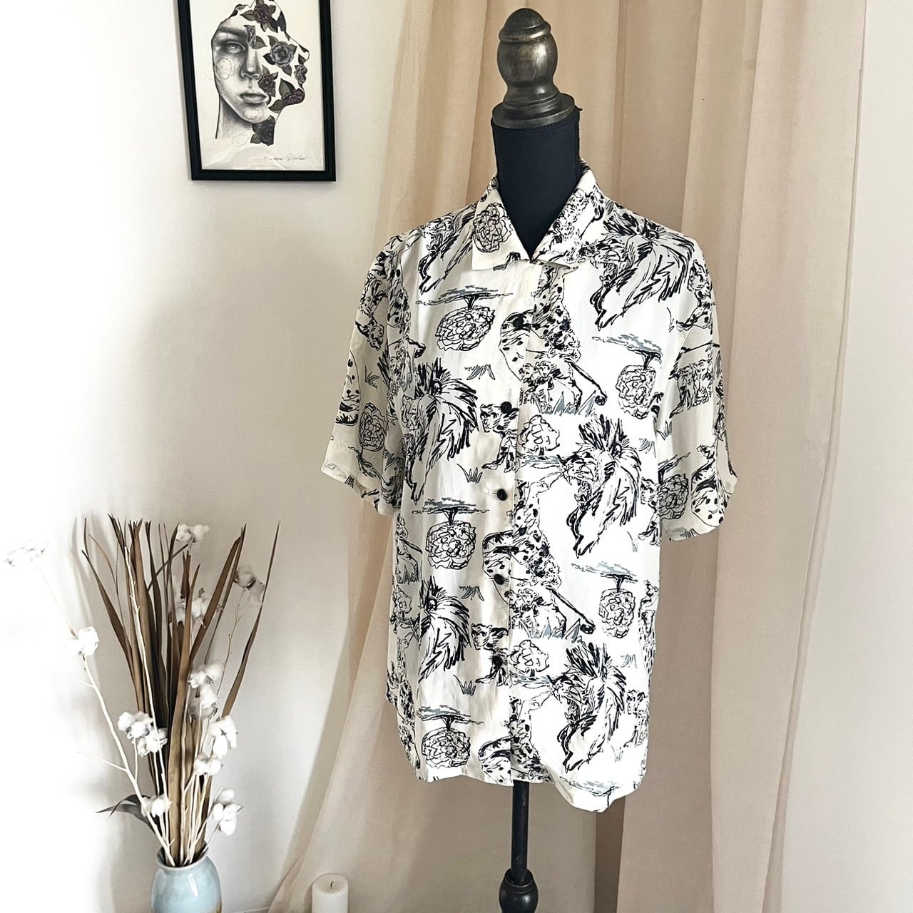 No.H アニマル柄 和風 水墨 総柄シャツ レトロ レディース古着  