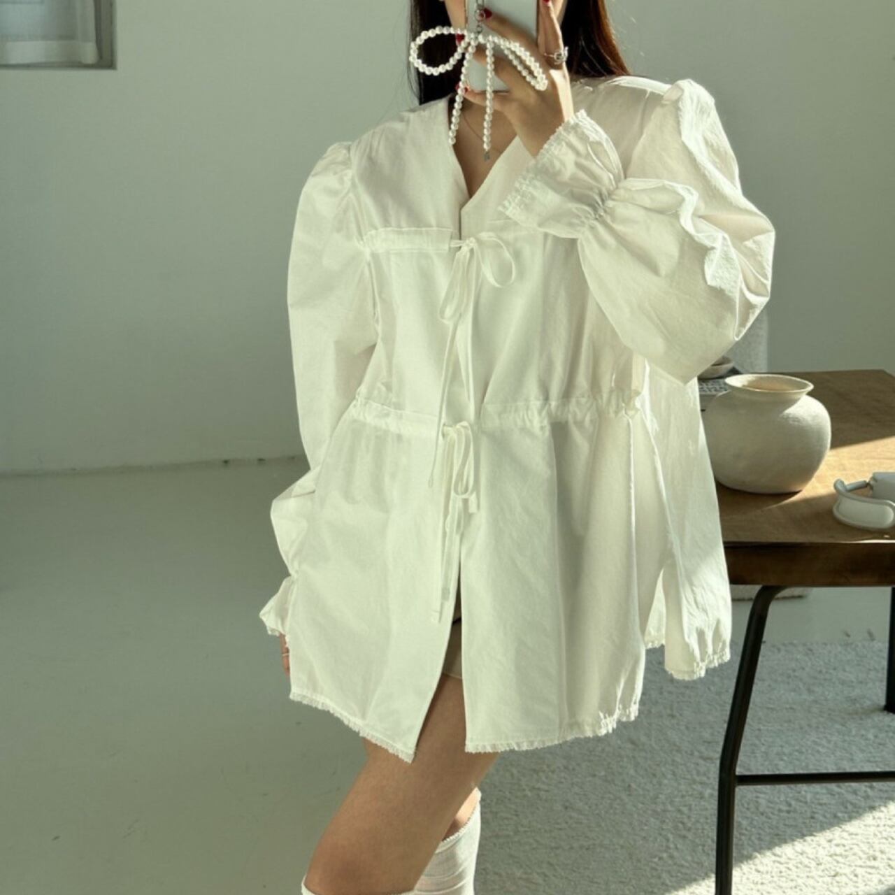 リボンシャーリング オーバーサイズシャツ A4373