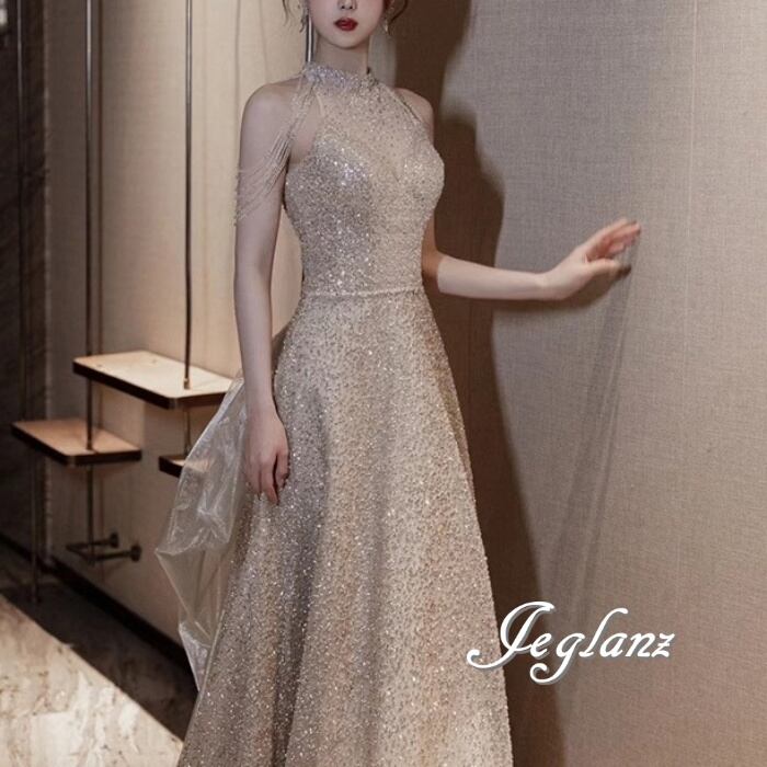 華やか パーティ イブニングドレス 背中 編み上げ バックシャン 光沢感(M8653)ζ