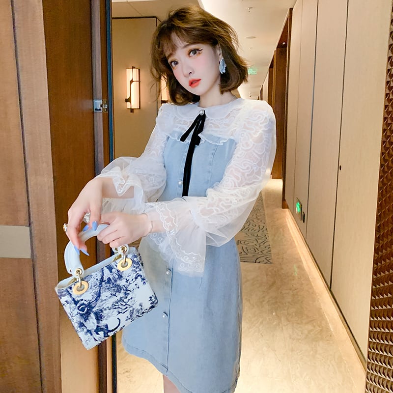 カラーレースメッシュスリーブAラインドレス オータム 大人ガーリー スウィート キュート カジュアル 秋物 ステッチ MIUCO4266655135