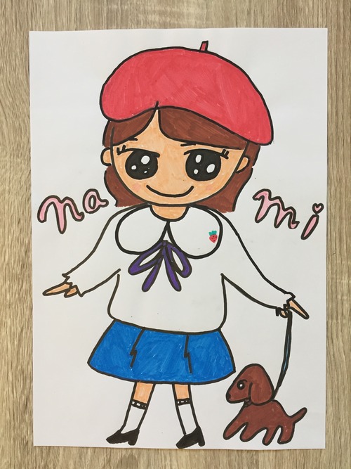 nami オリジナルキャラクターイラスト 直筆ぬりえ A4サイズ 額付き「マロンとお散歩」