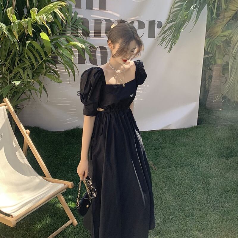 スタンダードスタイルブラックドレス サマースリーブ レトロ 夏物 スーパーモール95485895994
