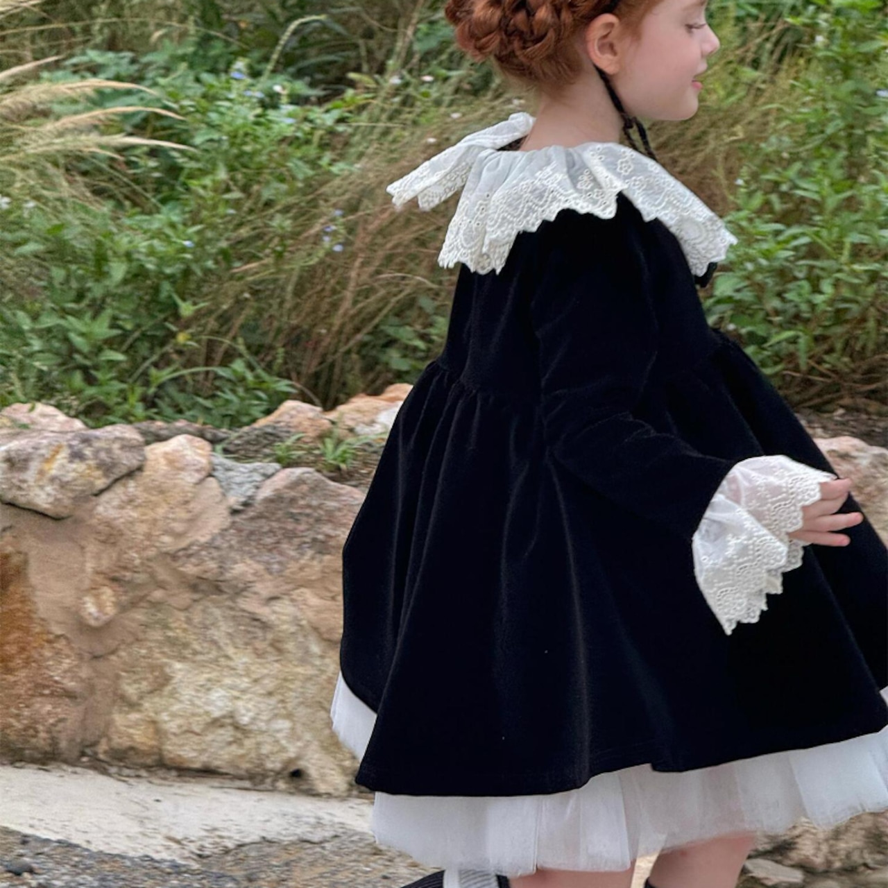 冬ベルベットレースカラードレス