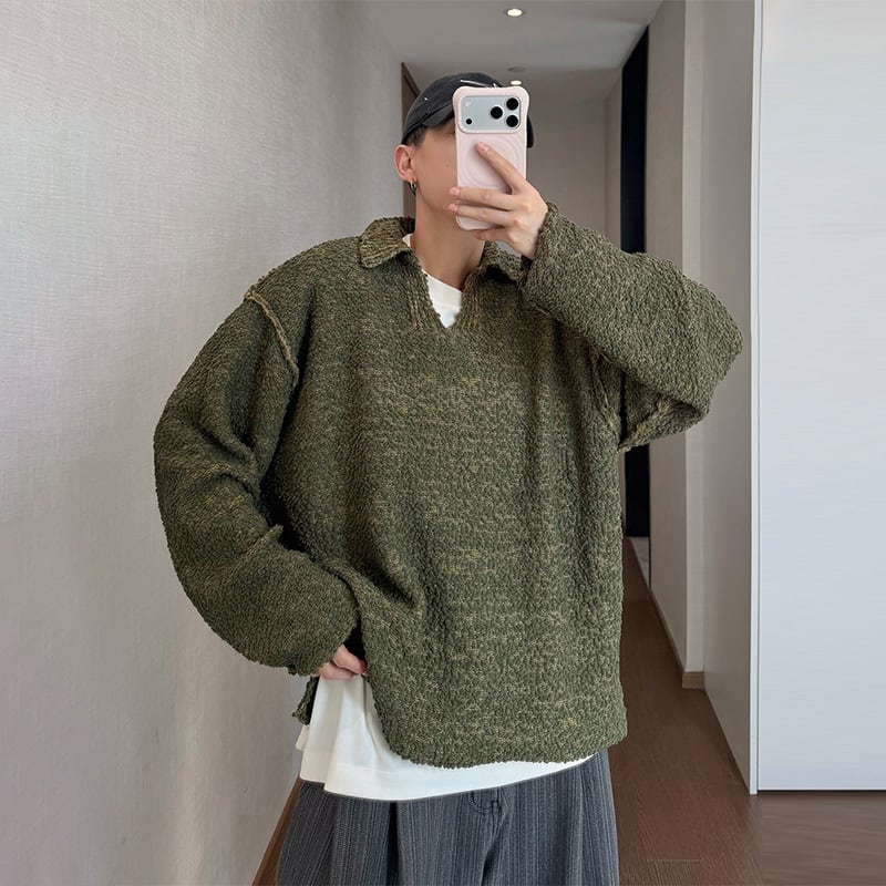 dannyandzeeオリーブカラーVネックニットセーター | mblueshop