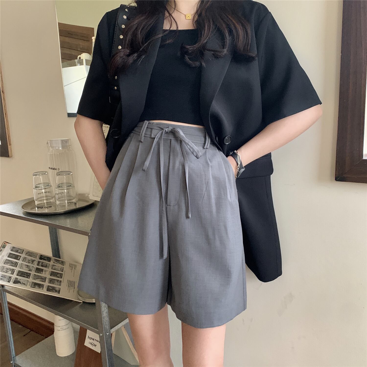 ハイウェストソリッド カラーショーツ パンツ レース ブルマー レースアップ ソリッドカラー ケッペル99807074209