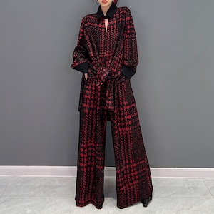 PLAID LONG LINE DESIGN SHIRT & WIDE LEG PANTS SUIT 2pieces 2colors M-6560