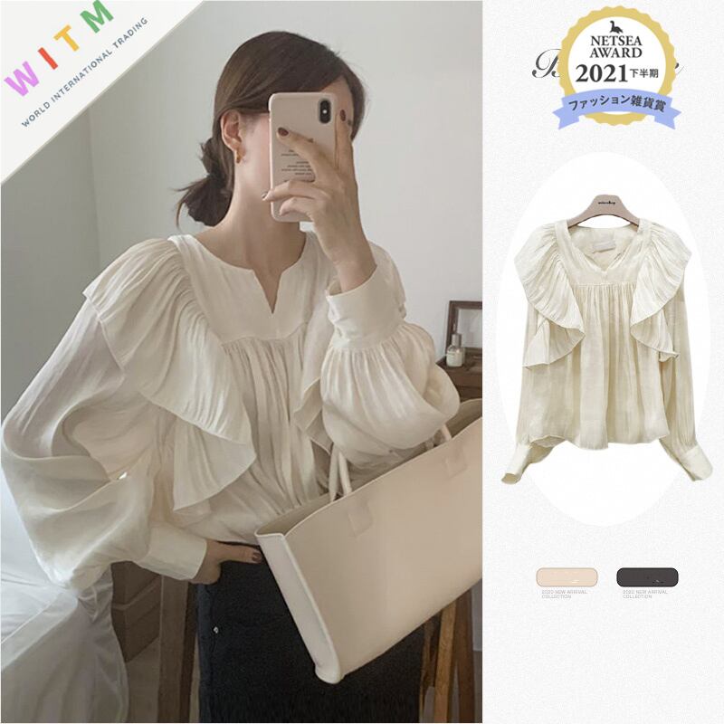 2022春新作 ブラウス フレアシャツ Vネック 長袖 プリーツ レディーストップス OL