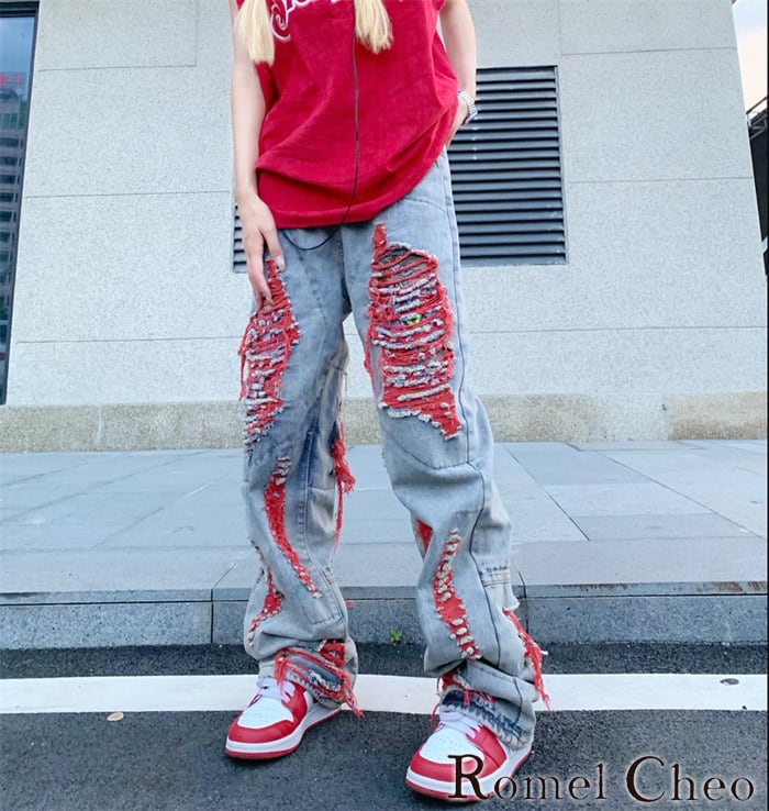 お支払い確認後20日以内発送】RomelCheo レッド ダメージジーンズ 赤色