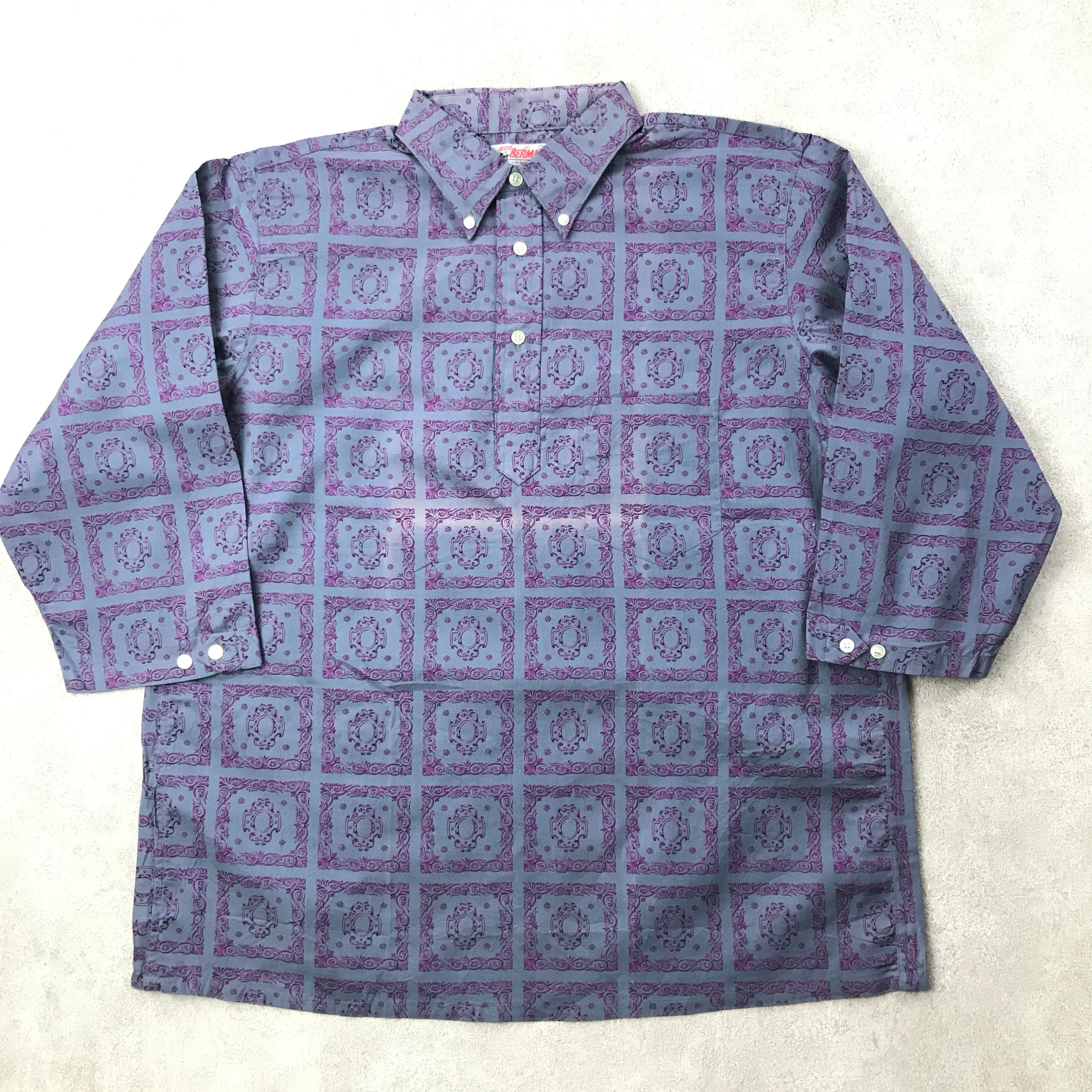 柄シャツ　ポリシャツ　Mサイズ　七分袖　総柄デザイン　パープル　紫　グレー