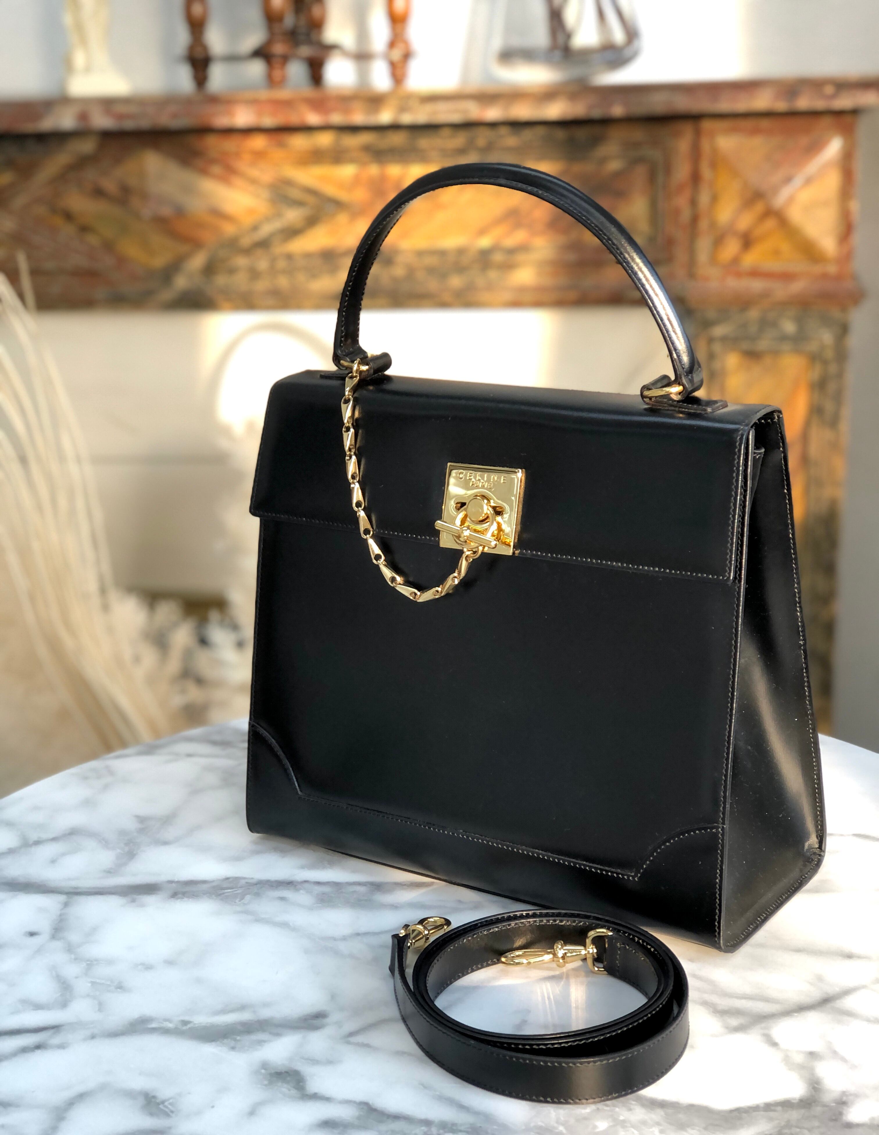CELINE セリーヌ マンテル チェーン レザー 2way ケリー型 ショルダーバッグ ブラック vintage ヴィンテージ オールドセリーヌ 7vuth5 | VintageShop solo powered by BASE