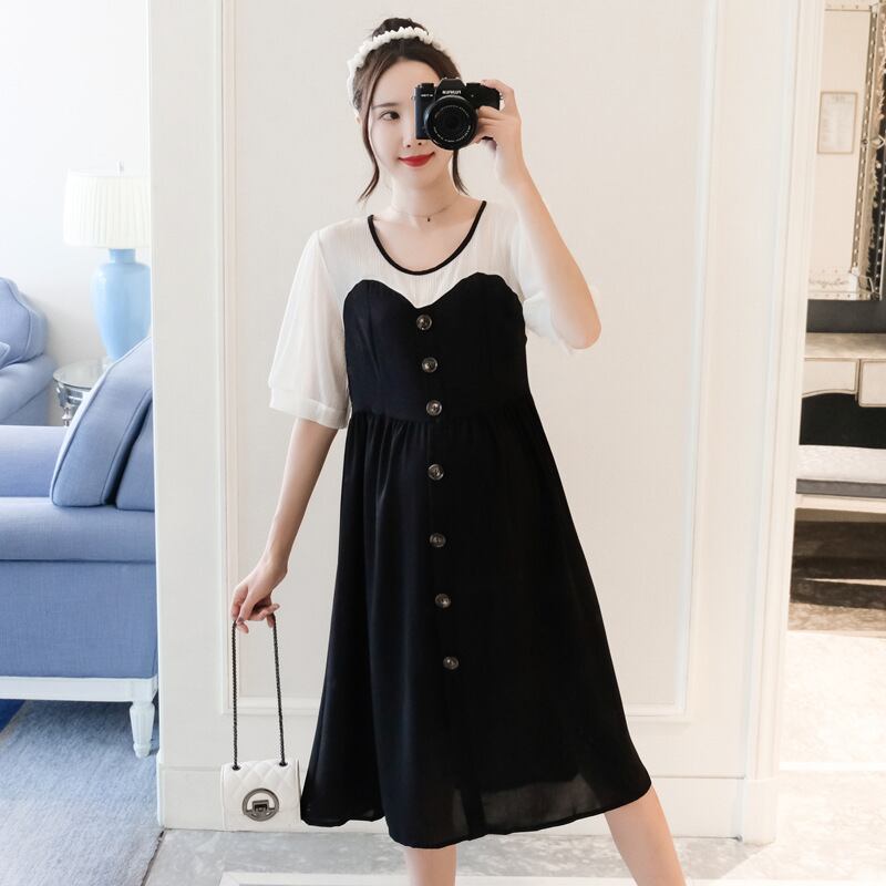 【新作】【送料無料】 マタニティウェア2020夏の新しいファッションステッチフェイクツーピースドレス、トレンディなマザーミドル丈、年齢を減らすマタニティドレス-アリババ サマー 夏物 expec273674271792