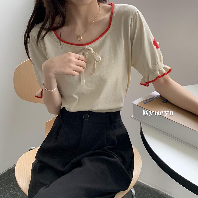 カラーニットTシャツ サマールーズラウンドネックトップス 夏物 Oネック クレセントシティ84738575093