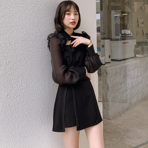 ツーピース ショートパンツ シフォン バルーンスリーブ チャイナドレス風 長袖 ブラック 大人 セクシー スリム パーティ お呼ばれ 秋冬 レディース　BADB0101