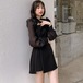 ツーピース ショートパンツ シフォン バルーンスリーブ チャイナドレス風 長袖 ブラック 大人 セクシー スリム パーティ お呼ばれ 秋冬 レディース　BADB0101