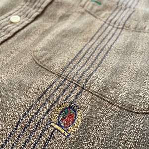 【Tommy Hilfiger】90s 旧タフラッグタグ 長袖シャツ ストライプ柄 刺繍ロゴ  L  トミーヒルフィガー US古着 アメリカ古着