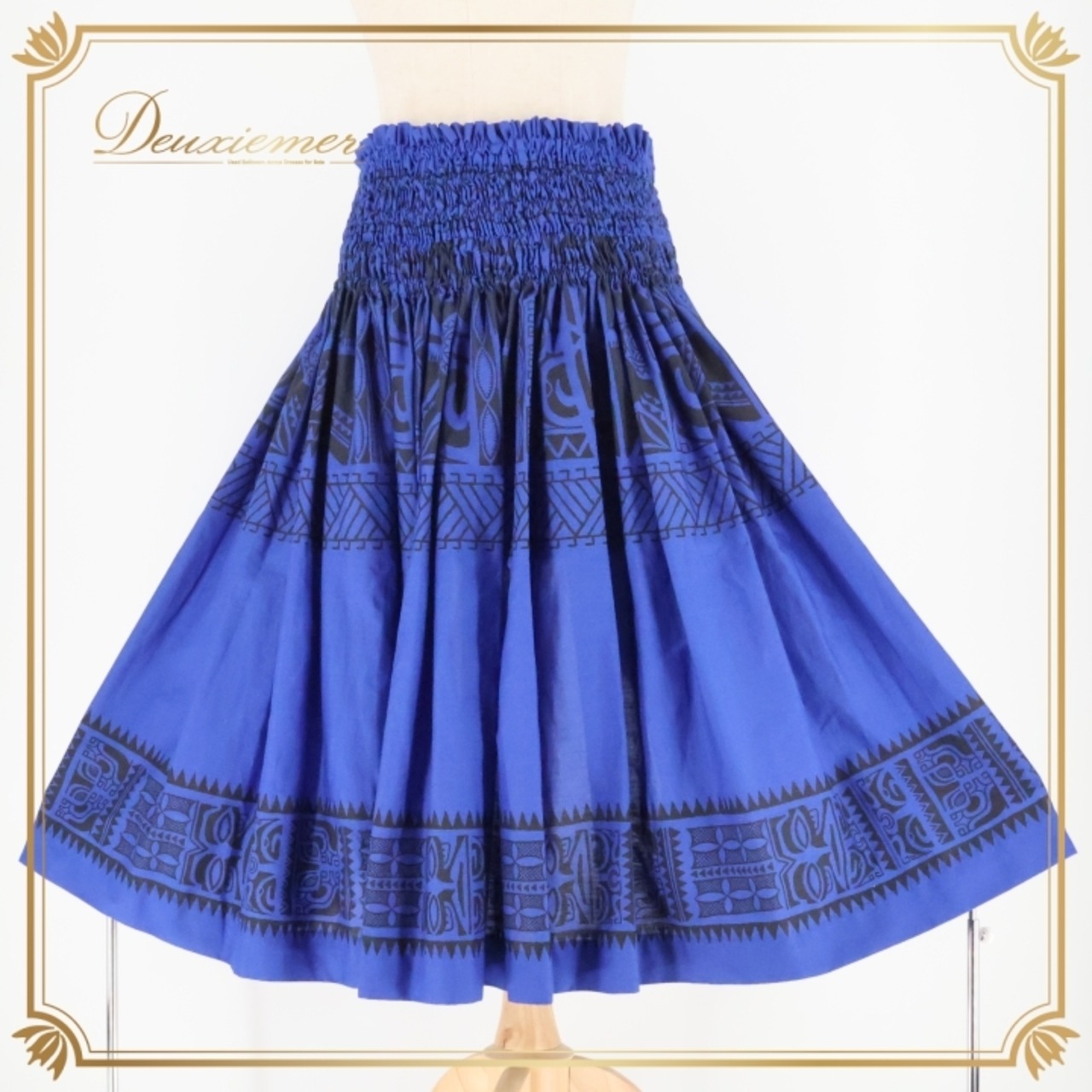 フラダンス 衣装 パウスカート プアラニ ブルー系 PUALANI 日本製 ツーカラー カヒコ柄 シンプル シングル かわいい きれい 華やか 鮮やか 深い青 ハワイアン アロハ ハワイアンプリント フラ ダンス レッスン 練習 おしゃれ ダンスウェア