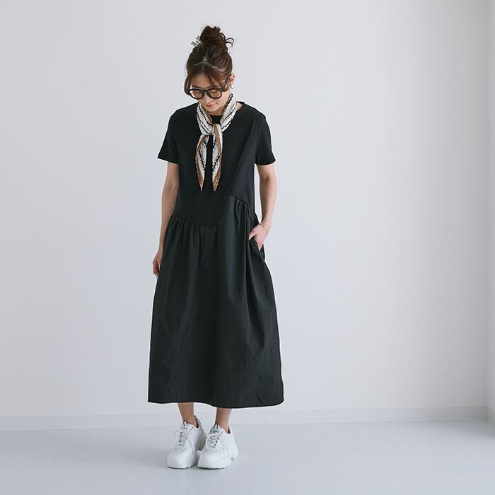 アシンメトリーTシャツ布帛ドッキングワンピース 25088 | ihuu アシンメトリーTシャツ布帛ドッキングワンピース 25088 | ihuu