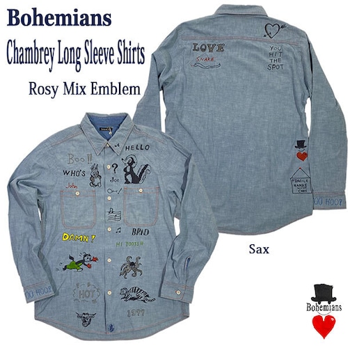 ROSY MIX EMBLEM CHAMBRAY LONG SLEEVES SHIRTS ロージーミックス 刺繍 シャンブレー 長袖 シャツ BOHEMIANS ボヘミアンズ JAPAN