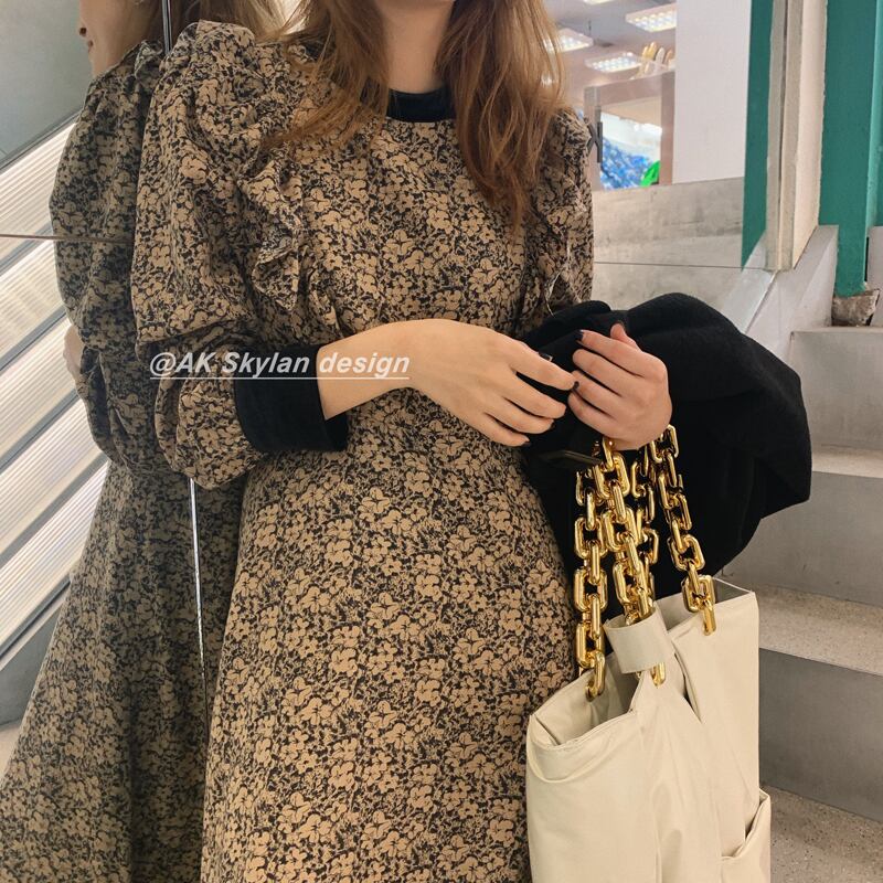 スタンダードベルベットフローラルスカート ドレス レディースオータムウィンター ロング レトロ 秋物 冬物 花柄 ステッチ ビッグFスモールZ韓国49965474083