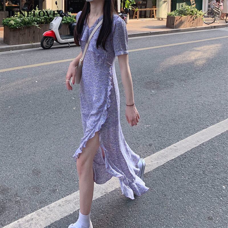JuneLove女性夏半袖ロングドレスヴィンテージプリントフローラルフリル 