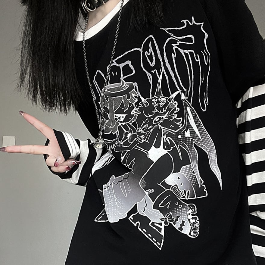 サブカル 服 地雷系 通販 Tシャツ フェイクツーピース ボーダー袖